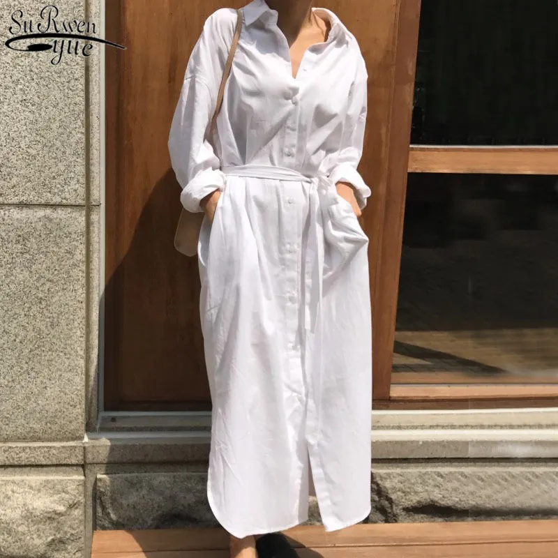 Autunno moda marea bianco colletto rovesciato manica lunga tasche monopetto fusciacche abito donna 12806 210427
