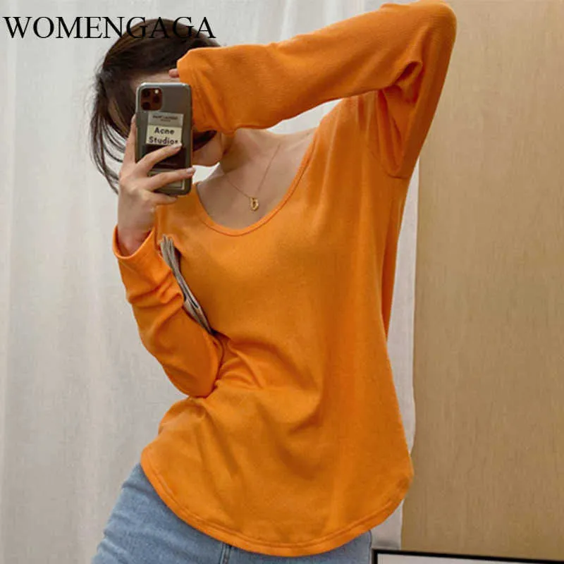 Womengaga Coreano Mulheres Casuais Primavera Outono Mostrar Fino V-Pescoço Sólido Cor Sólida Slit de Manga Longa Base T-shirt Top Mulheres U391 210603
