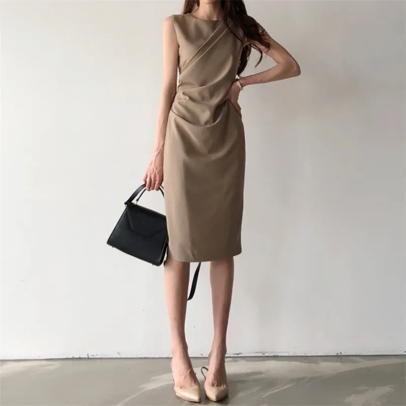 Eleganta kvinnor Office Klänning Sommar Ärmlös Bodycon Klänningar Retro Midi Solid Svart Lång Robe Vestidos Mujer 210623