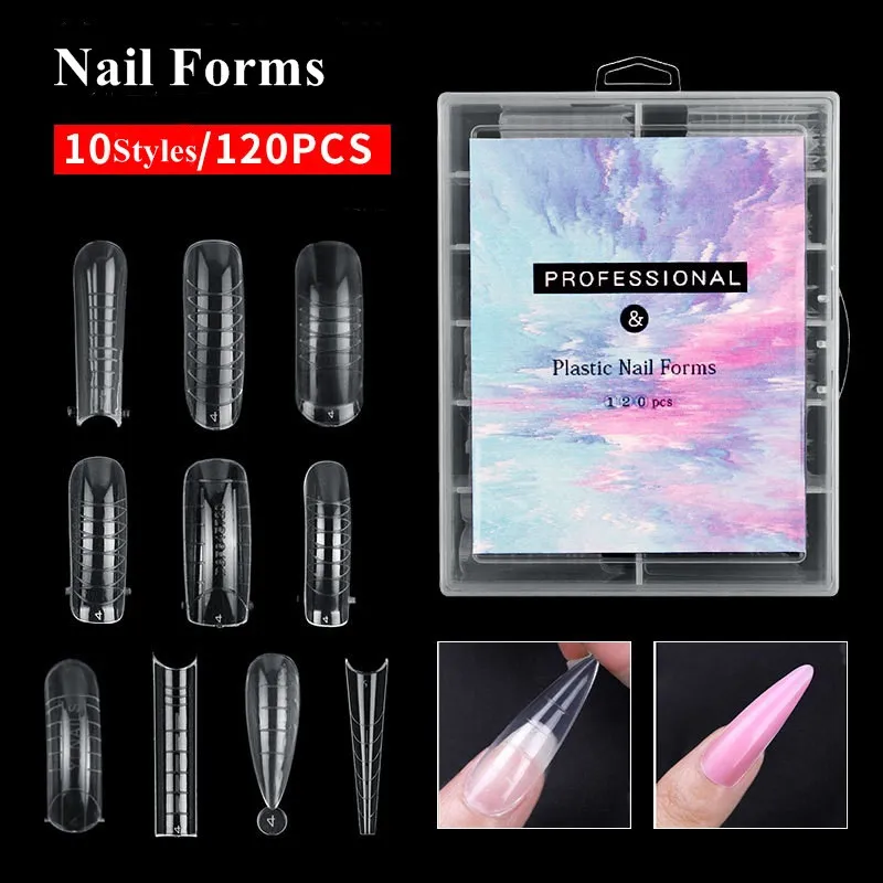 120pcs / set Full Cover Acrylic Nail Forms med skala 10 stilar Nails Art Tips Extension Gel Dual Mold
