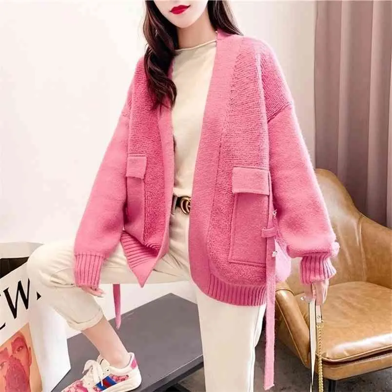 European station big pocket solid color sweater jacket women autumn and winter loose thick wild knitted cardigan 210427