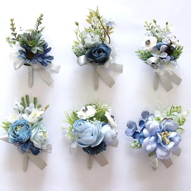 Dekorativa Blommor Kransar Bröllop Tillbehör Corsage Bride Wrist Flower Party Decoration Bridesmaid Ball Hand Blue