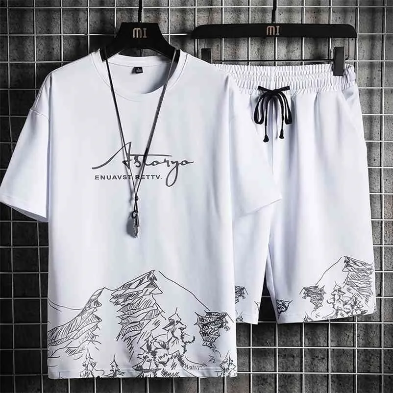 Herren Casual Set Sommer Harajuku Trainingsanzug T-shirt + Sport Shorts Laufen 2PCS Sets Druck Mode Männliche Sport Anzug 210722