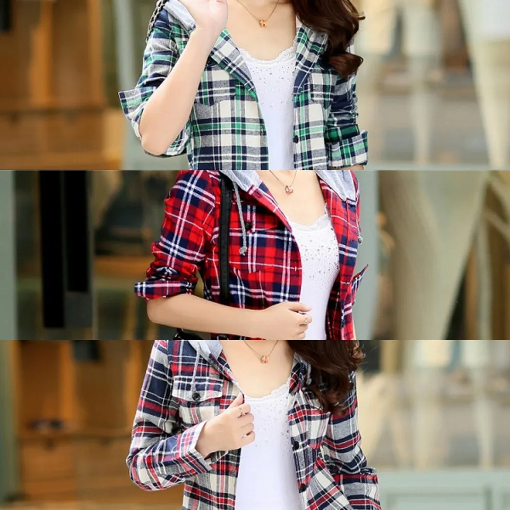 Autumn 2020 Womens Red Checked Plaid Cotton Plaid Hoodie Long