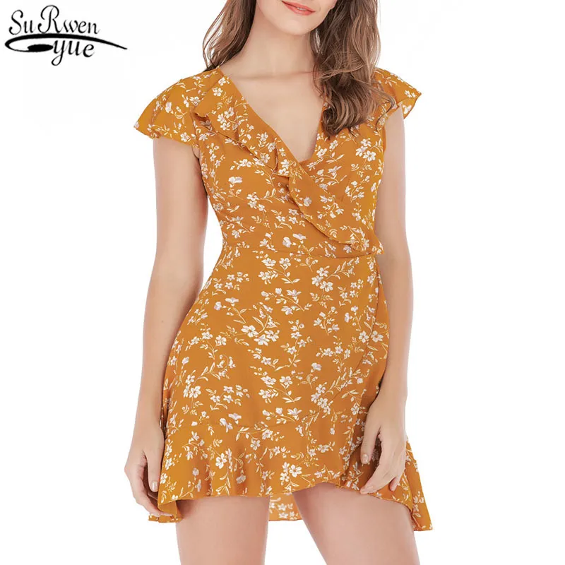 Koreanische Sommer Urlaub Strand Mini Kleid Frauen Sexy V-ausschnitt Druck Weibliche Süße Rüschen Robe Ärmellose Vestidos 14131 210427