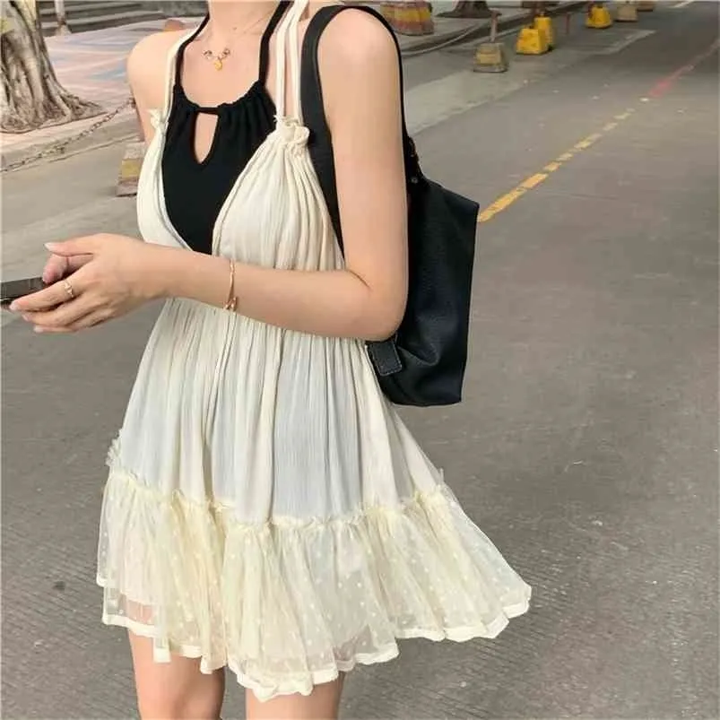 Yaz Mini Elbise Bayan Tatil Stil Kızlar Tatlı Gevşek Lace Up Spagetti Kayışı Bayan (R98259) 210623