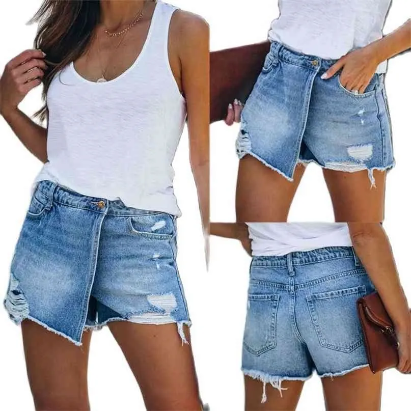 Mulheres de verão casual luz azul buraco jeans jeans shorts feminino 210621