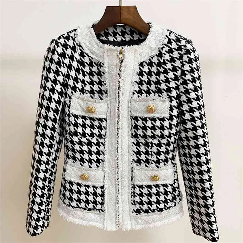 HIGH STREET est Fall Winter Designer Jacket Women's Zip Houndstooth Fringed Tweed Coat 210521