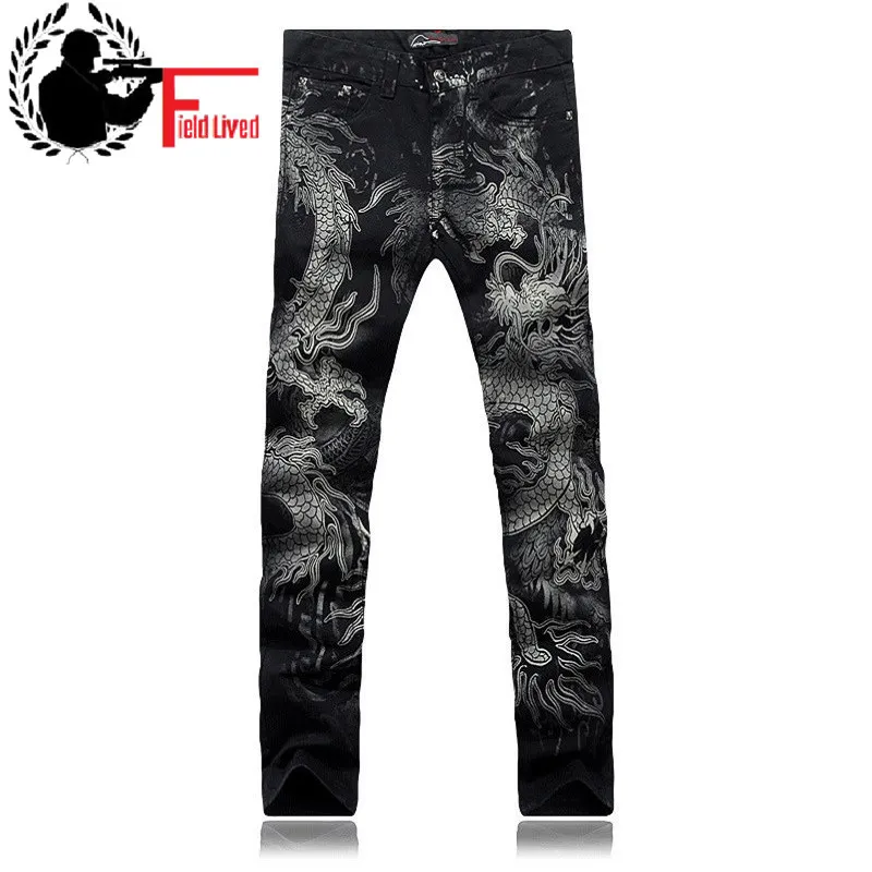 Black Jeans Men's Cotton Dragon Pattern Brand Designer Mens Jeans imprimé pantalon Slim Fit Denim pantalon Joggers Male 210518