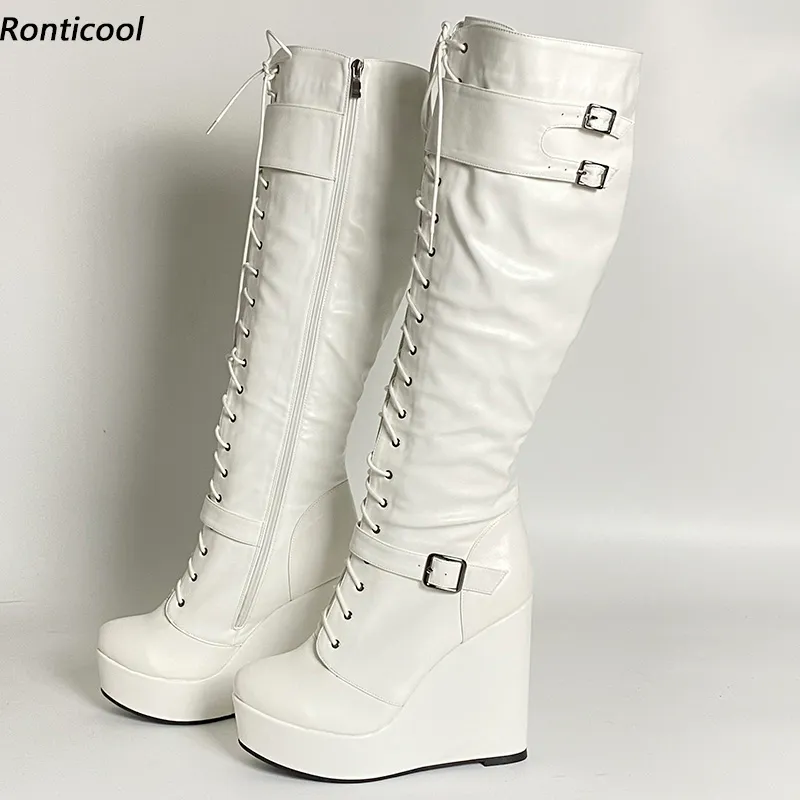 Rontic – bottes au genou faites à la main pour femme, chaussures d'hiver, avec boucle sur tout le côté, fermeture éclair, talons compensés, bout rond, jolies chaussures blanches, grande taille américaine 5-20