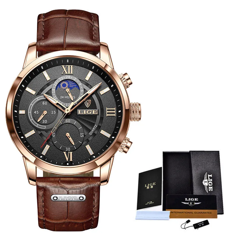 Lige Men Watches Luxury Brand Man Moda in pelle orologio impermeabile cronografo al quarzo orologio da polso orologio Relogio Mens