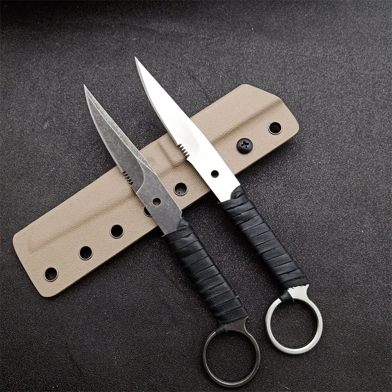 Hochwertiges gerades taktisches Outdoor-Survival-Messer, 440C Black Stone Wash/Satin-Klinge, Full Tang-Lederscheide, Griff, feststehende Messer mit Kydex