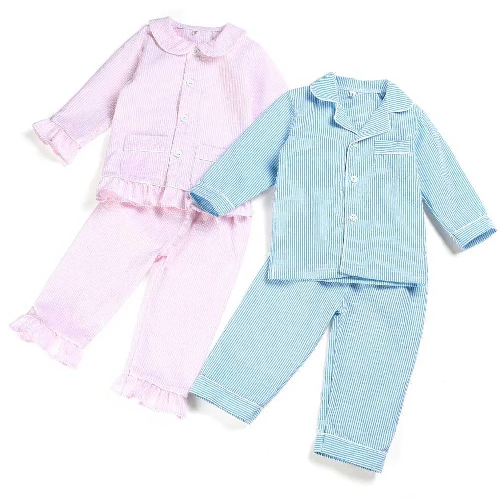 Pajamas с длинными рукавами 12 лет мальчики и девочки Seersucker летнее рюшащая полоса для детей спать 100% хлопок девочка пижама 210908