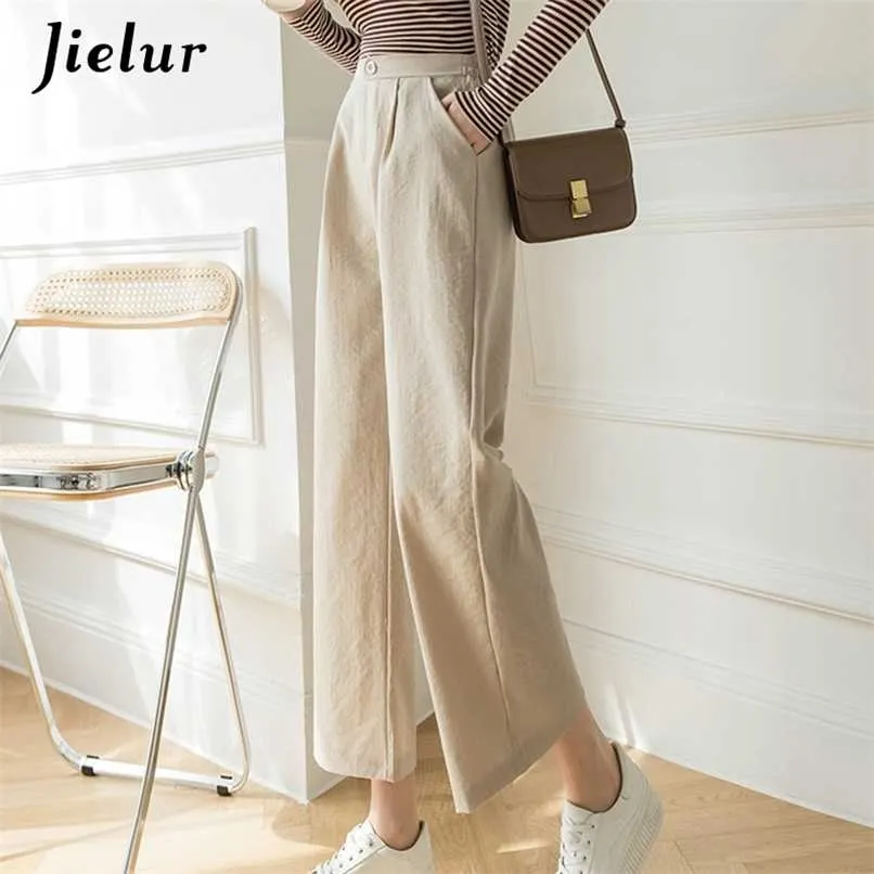 Jielur Mode Breite Bein Hosen Frauen Baumwolle Leinen Hohe Taille Einfarbig Taschen Schwarz Khaki Hosen S-XXL Frühling 211216