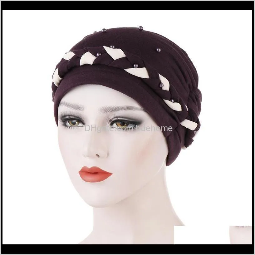 new casual turbans for women pearls decor femme musulman headscarf turban cap single braid caps for female1