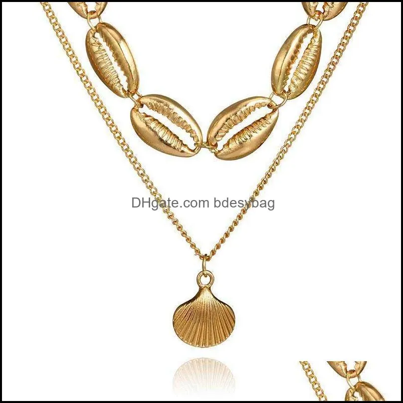 Vintage Creative Multilayer Shell Necklace Chokers Simple Geometric Beach Scallop Pendant Gold Plated Alloy Chains Necklaces for Women