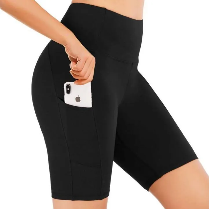 Hög midja Yoga kläder shorts för kvinnor Mage Control Fitness Athletic Workout Running med djupa fickor