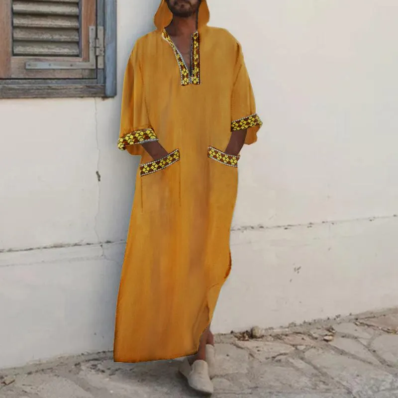 Män muslimska islamiska kaftan arabiska huva långärmare tryckt lapptäcke caftan dubai abaya vintage mellanöstern jubba thobe etnisk clot278f