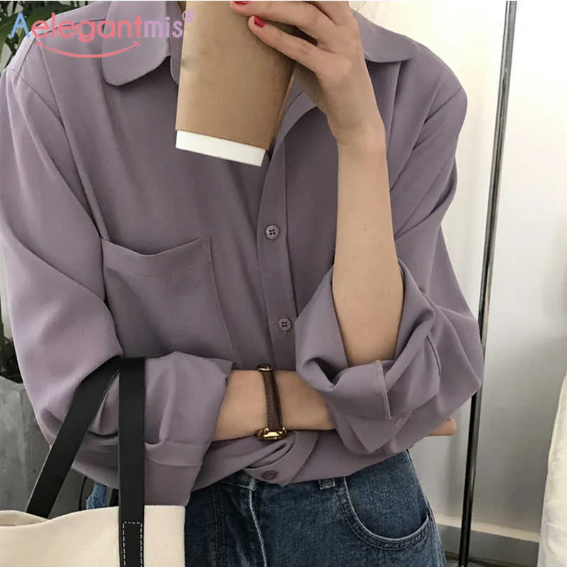 Aeleagntmis Vintage Office Lady Bluzka Kobiety Koreańskie Koszulki Wiosna Eleganckie Chic Luźne Długie Rękaw Topy Purpurowe 3 kolory OL 210607