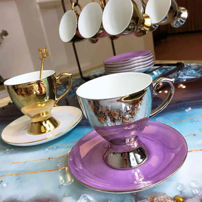 Ceramika popołudniowa herbata Złoty Srebrny Teacup Vintage Coffee Cup Dish Spoon Set Classic Drinkware Nordic Porcelain Kubek