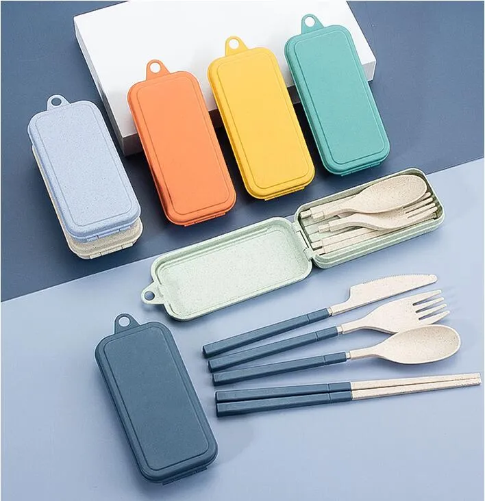 Wheat Straw Folding Cutlery Sets Kids Knife Fork Spoon Chopsticks Portable Dinnerware Kits Flatware Set for Travelling Camping