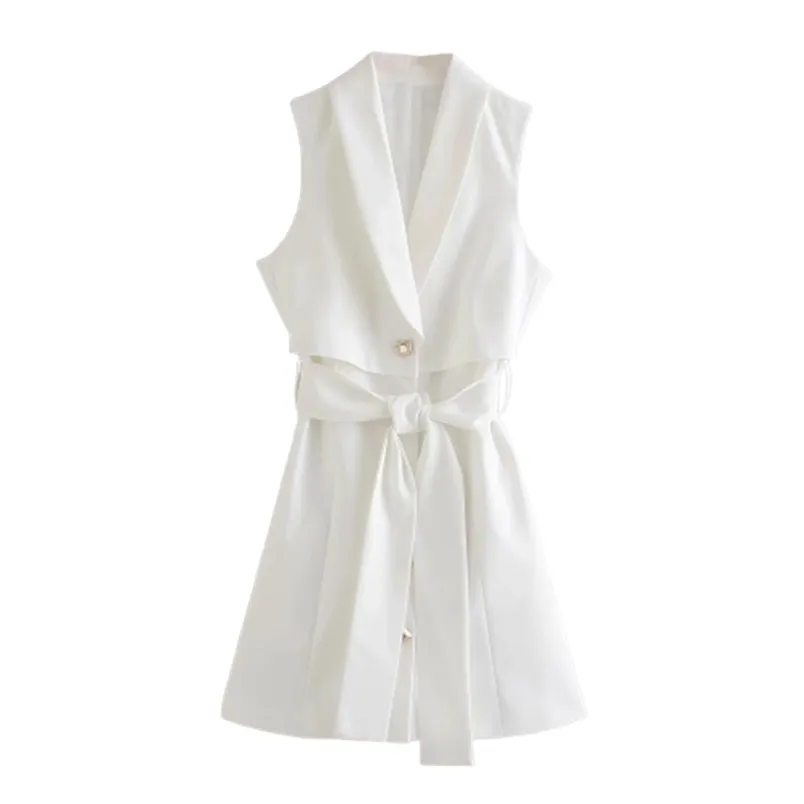 Mode cranté sans manches robes femmes élégant été solide cravate ceinture une ligne robe simple boutonnage Mini 210531