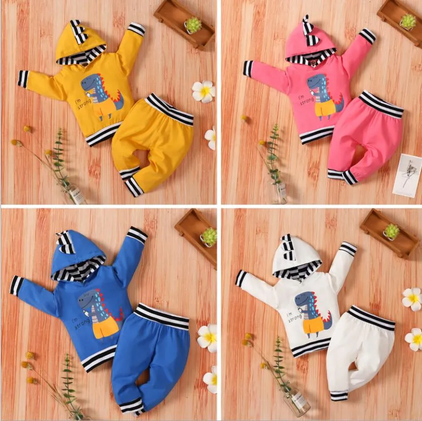 Ensembles de vêtements simples et mignons pour enfants, sweat à capuche + pantalon dinosaure pour fille et garçon, 100% coton, vêtements de printemps et d'automne