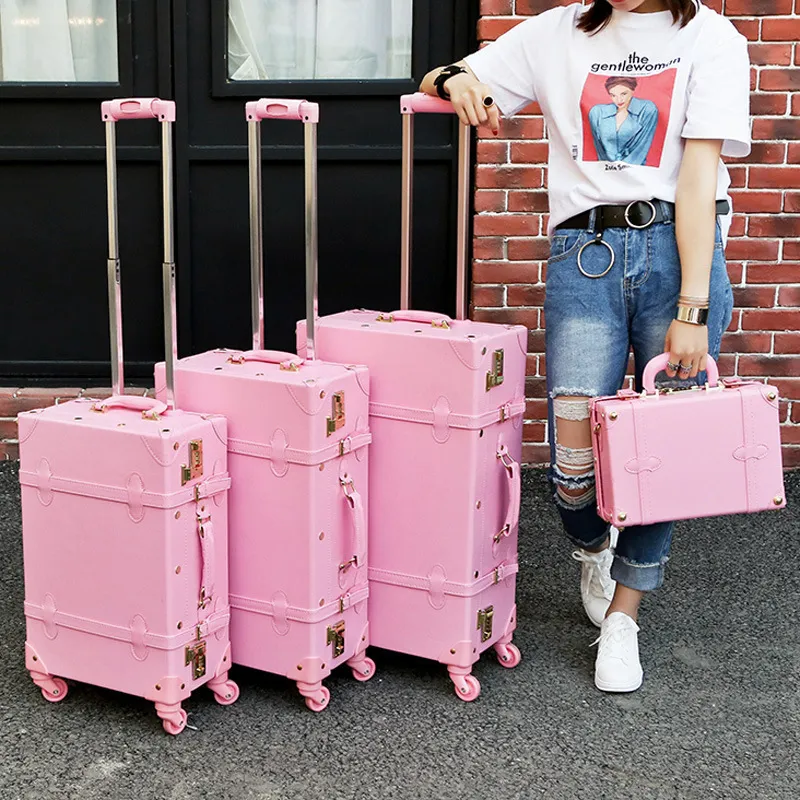 High quality girl PU leather trolley bag set,lovely full pink vintage suitcase for female,retro luggage gift