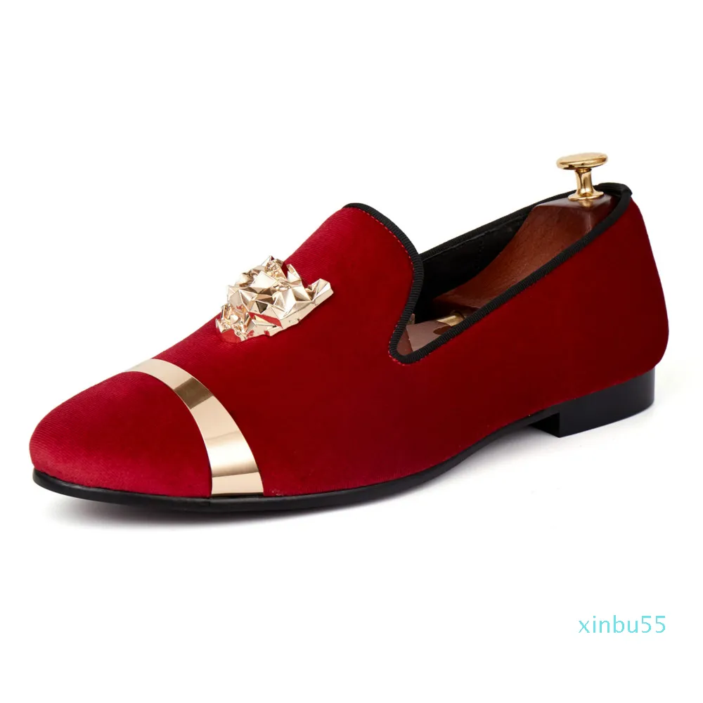 Chaussures de mariage à enfiler pour hommes, mocassins en velours rouge avec plaque dorée, taille 7-14