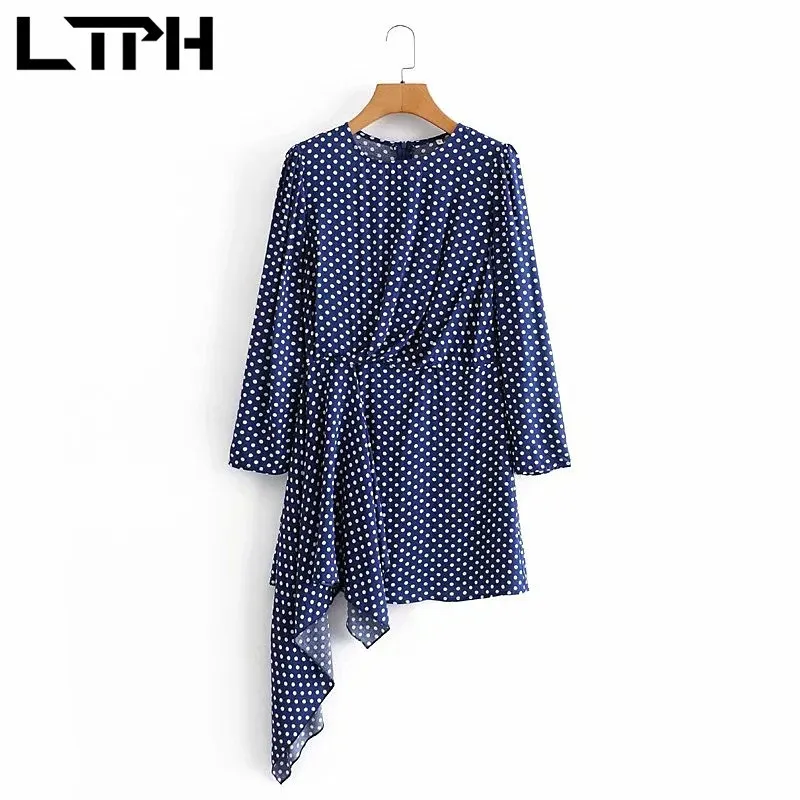 French elegant Dot print women dress O-Neck high waist long sleeve irregular Ruffles Hem vintage dresses Spring 210427