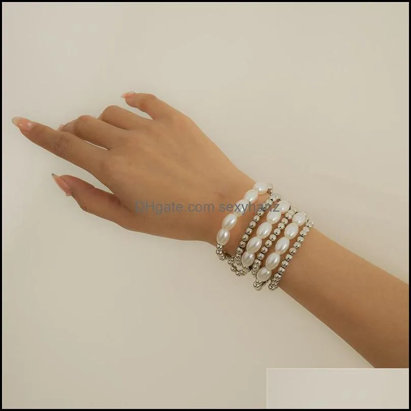 Imitation Pearl Silver Beaded Strands Chains Geometric Round Beads Metal Bracelets Women Multi Layer Alloy Business Party Hand Link Jewelry