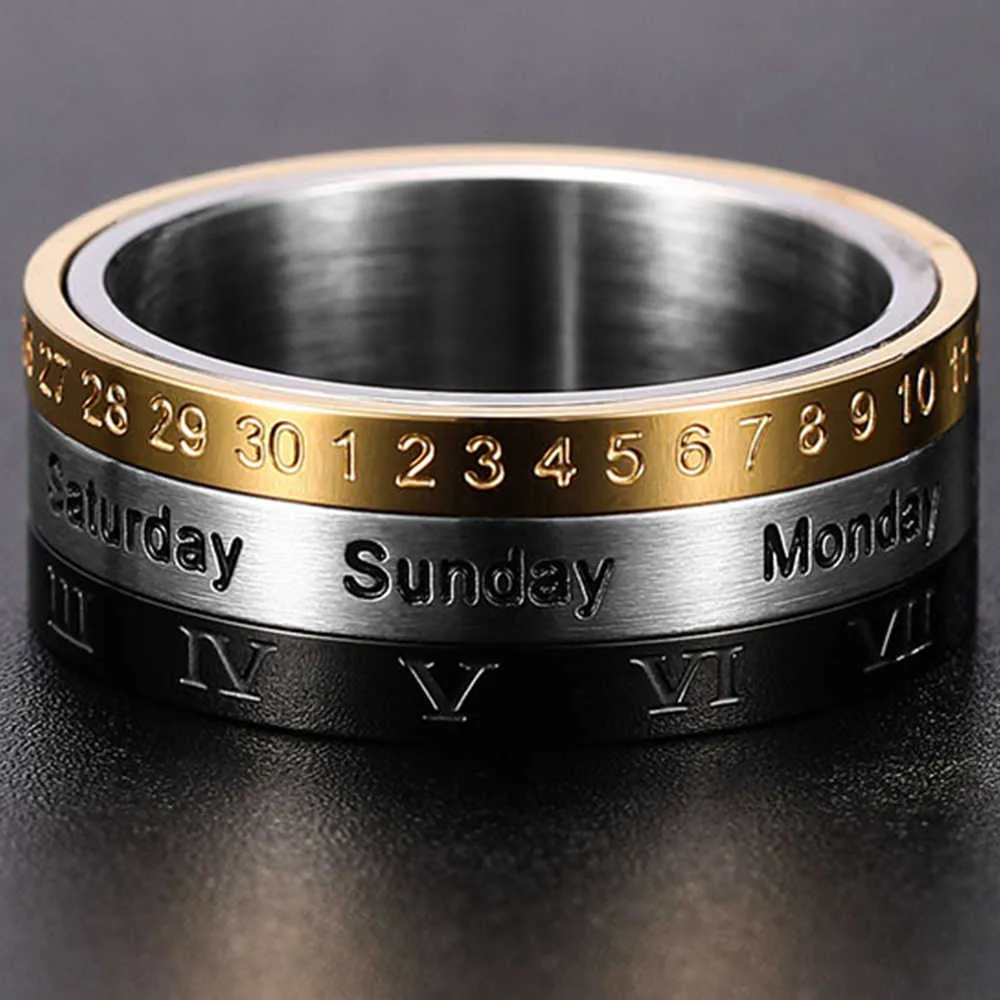 Men's Roman Numerals Date Calendar Time Ring For Rotatable Week Finger Gold Fashion Punk Biker Wedding Stainless Steel Rings X0715