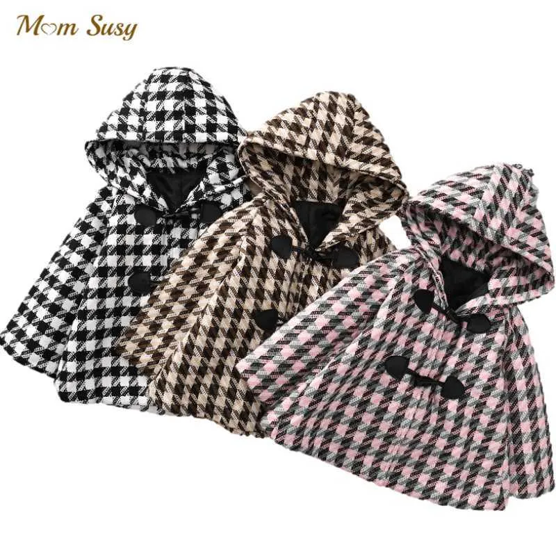 Girl Boy Thick Woolen houndstooth hooded Jacket Winter Spring Autumn Child Cotton Padded Coat Cloak Outwear Baby Clothes 1-7Y H0909