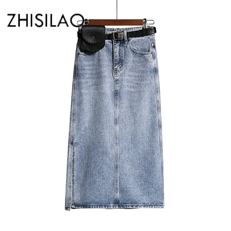 Long Denim Skirt Kvinnor Vintage High Wasit Jeans Kjol med Bälte Plus Storlek Straight A-Line Penna Kjol Elegant Sommar Chic 210730
