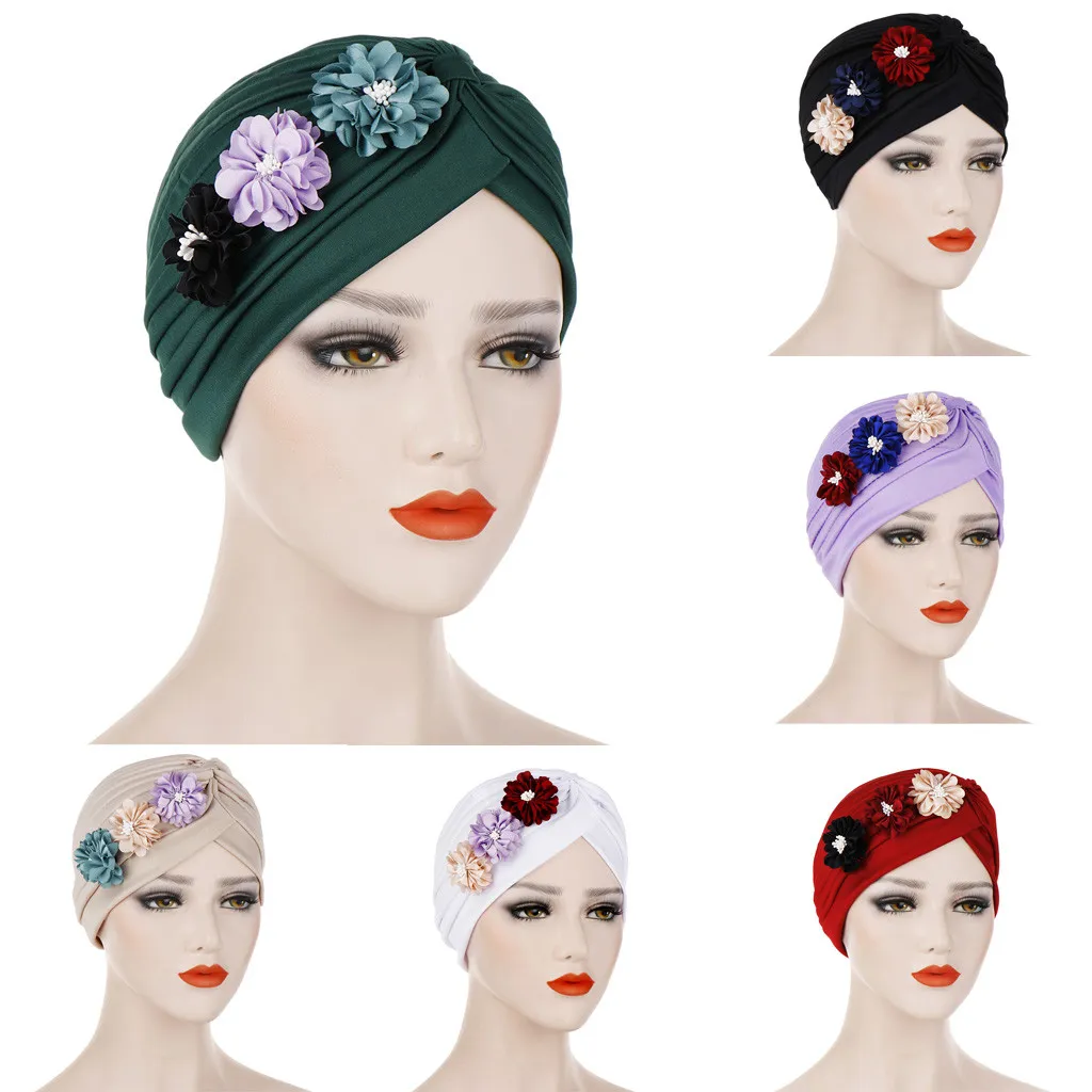 Czapka / czaszki Czapki Kobiety Wzburzyć Kwiat Kapelusz Turban Indie Nakrycia głowy Muzułmańska Chemo Cancer Cap Bonnet Wrap Plisowane Czapki Skullies