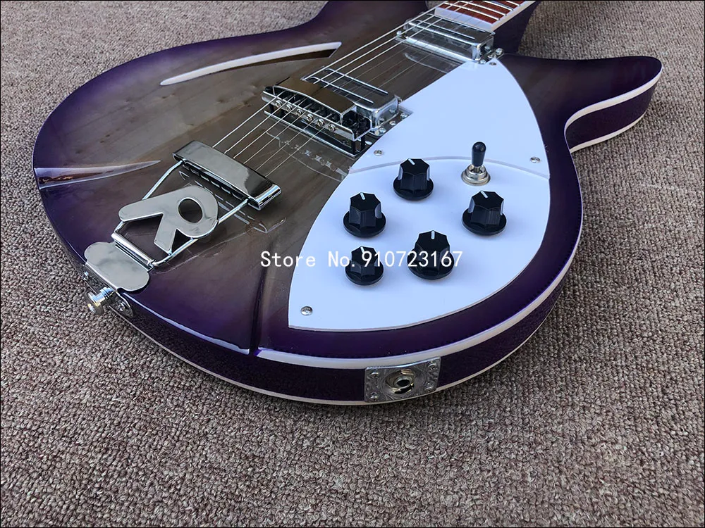 Ken 330 360 6 cuerdas Purple Burst Cuerpo semi hueco Guitarra eléctrica Barniz Diapasón rojo, Encuadernación doble, Esquina afilada, Afinadores vintage, Cordal R