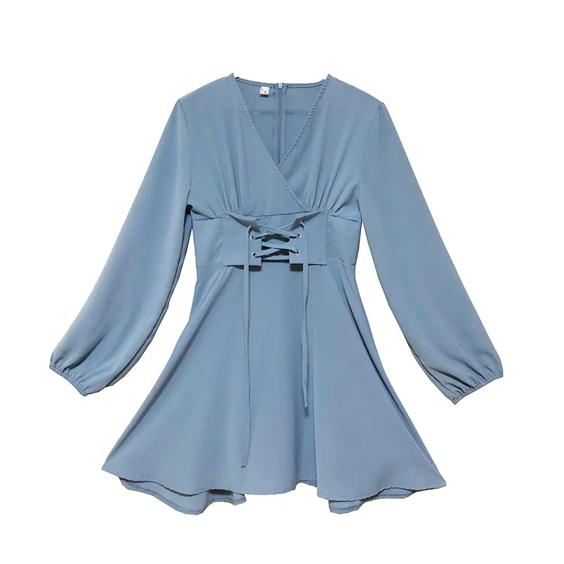 Blue Black Solid Chiffon V Neck Lantern Sleeve Long Full Short Dress Mini Autumn Lace Up D0612 210514