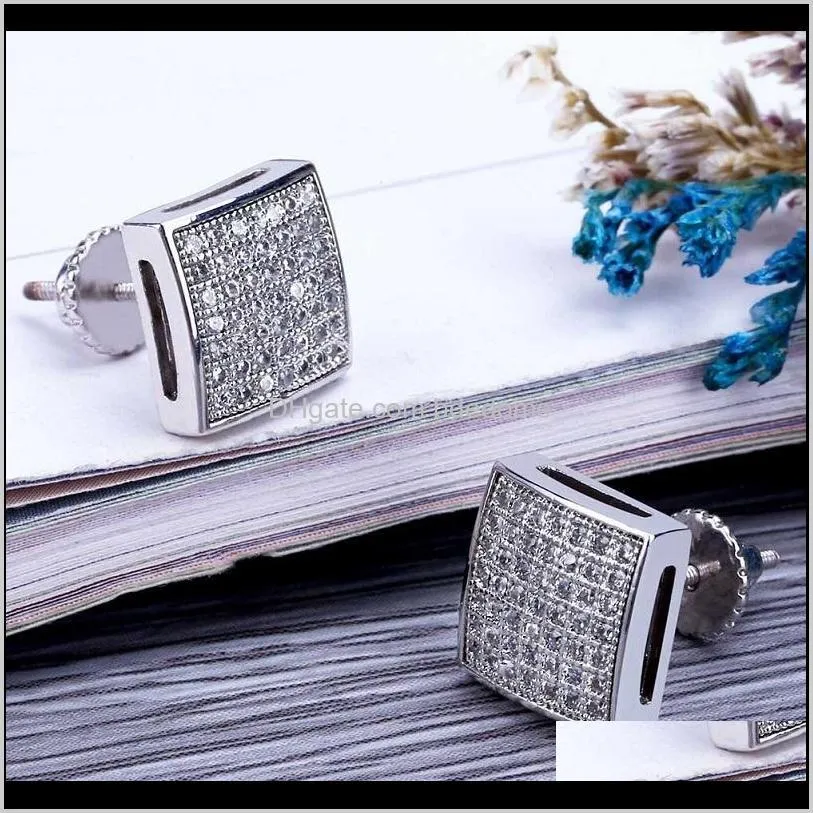 mens hip hop stud earrings jewelry new fashion gold silver simulated diamond square earrings for men