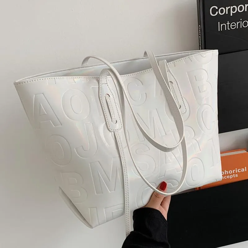 Evening Bags Large Capacity Tote Bag Women Pu Leather Shoulder Luxury Handbags Designer Casual Totes Letter Printed Big Shopper White