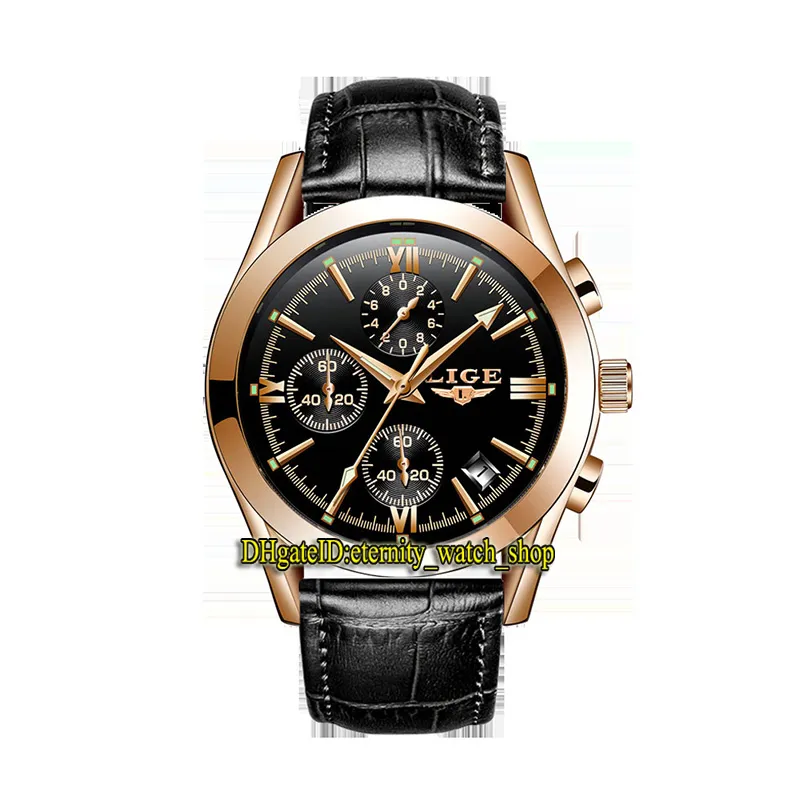 Lige Eternity LG9839 Sport Męskie Zegarki Data Czarna Dial Japonia VK Kwarcowy Chronograf Ruch Mężczyźni Watch Stop Rose Gold Case Blacks Skórzany pasek