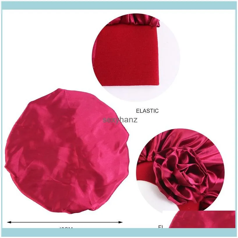 Extra Large Solid Satin Bonnet with Wide Stretch Big Flower Decor Hair Care Cap Women Night Sleep Hat Silky Head Wrap Shower Cap