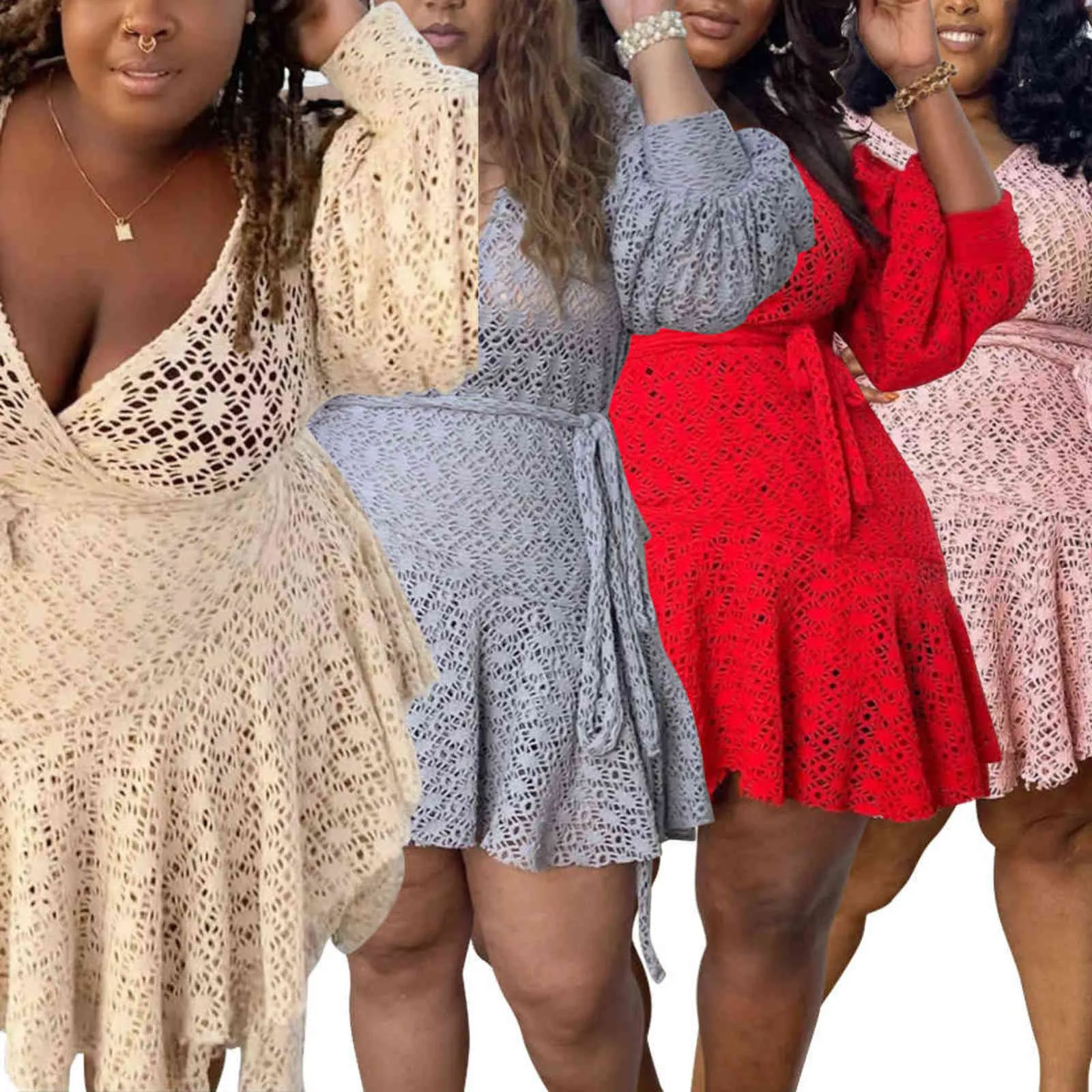 Sexy maillage Voir à travers les femmes plus Taille Robe Hollow Out V-Col Bandage Sashes A-Line Robes Vestidos Outfit Summer XL ~ 5XL 211115