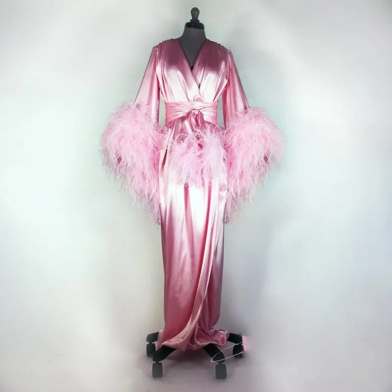 2021 Pink Feather Evening Dresses Women Robe Long Sleeve Sexy Nightgown Deep V Neck Ruffles Sleepwear Bathrobe Pajamas Prom Bridesmaid Shawel