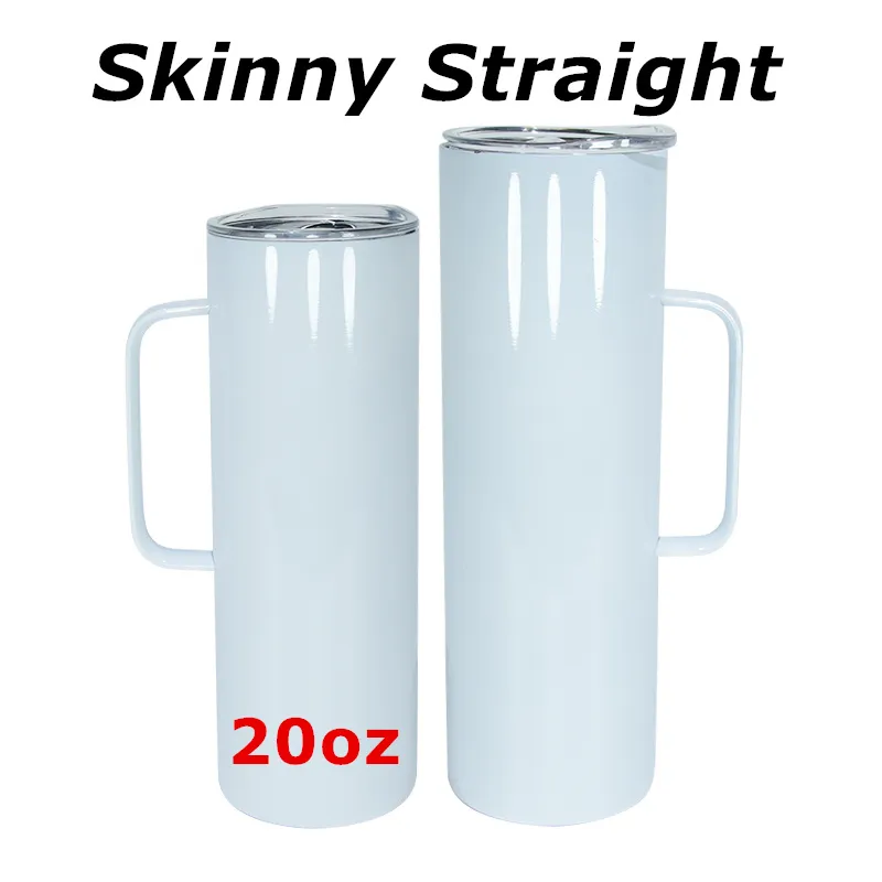 Sublimacja 20oz Uchwyt Proste Tumblery Białe Puste Handgrip Cups 304 Ze Stali Nierdzewnej Butelki Wodne Podwójne Szkło izolacyjne z Lidplastic Słomy A12