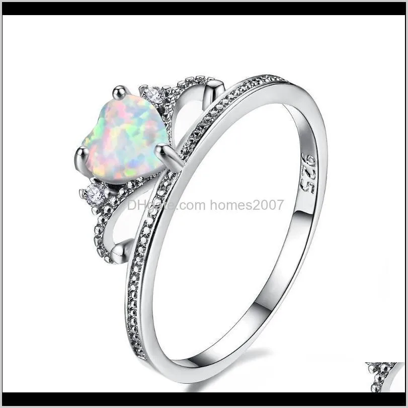 simple female white heart opal ring charm silver color wedding classic crystal queen crown engagement rings for women