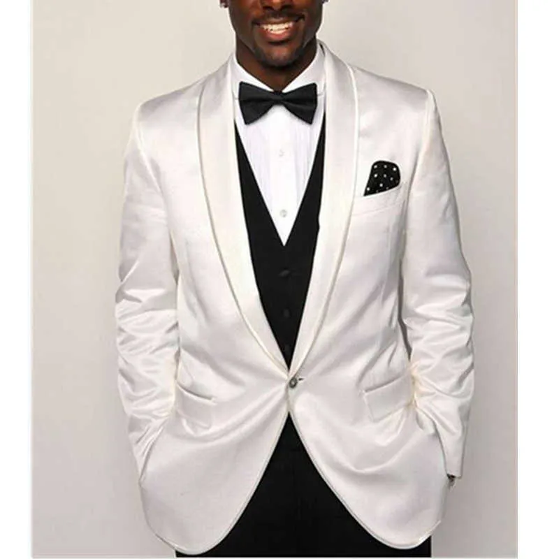 African Fashion Groom TuxDedo для свадьбы ужин 3 шт тонкий подходящий мужские костюмы белые куртки черный жилет с штанами 2021 x0909