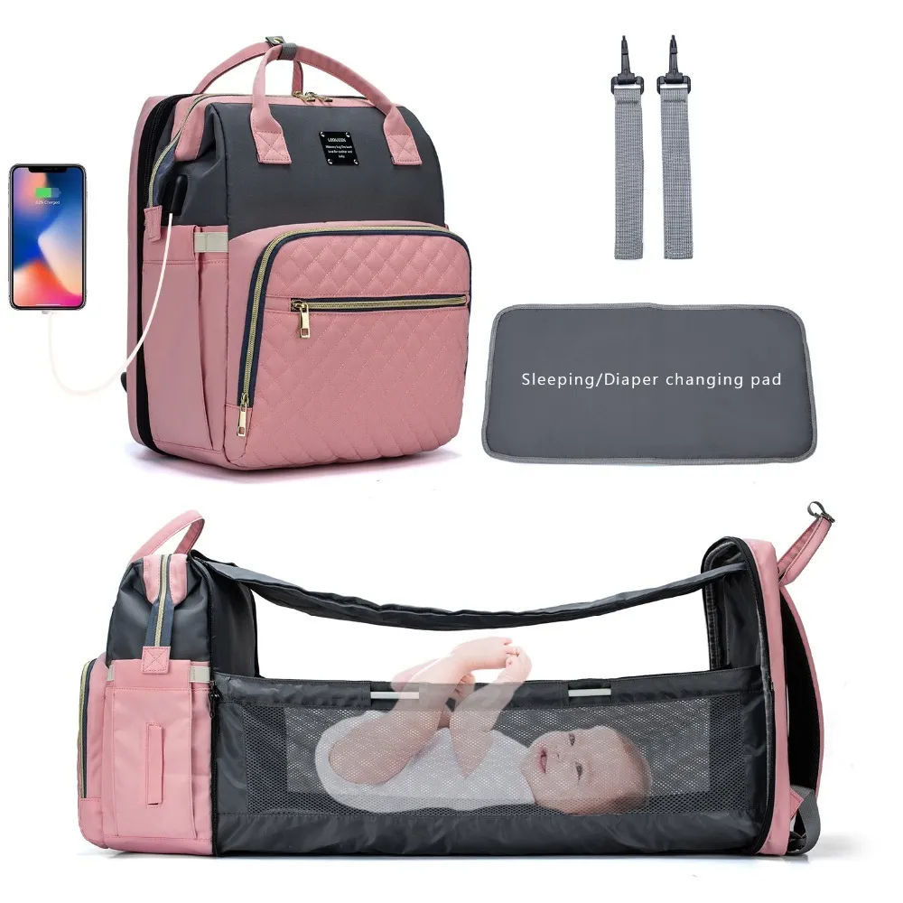 LeQueen New Design 3 in 1 USB Diaper Bag Baby Crib Foldable Sleeping Bed With Changing Pad Sunshine Shade Dropshipping 210326