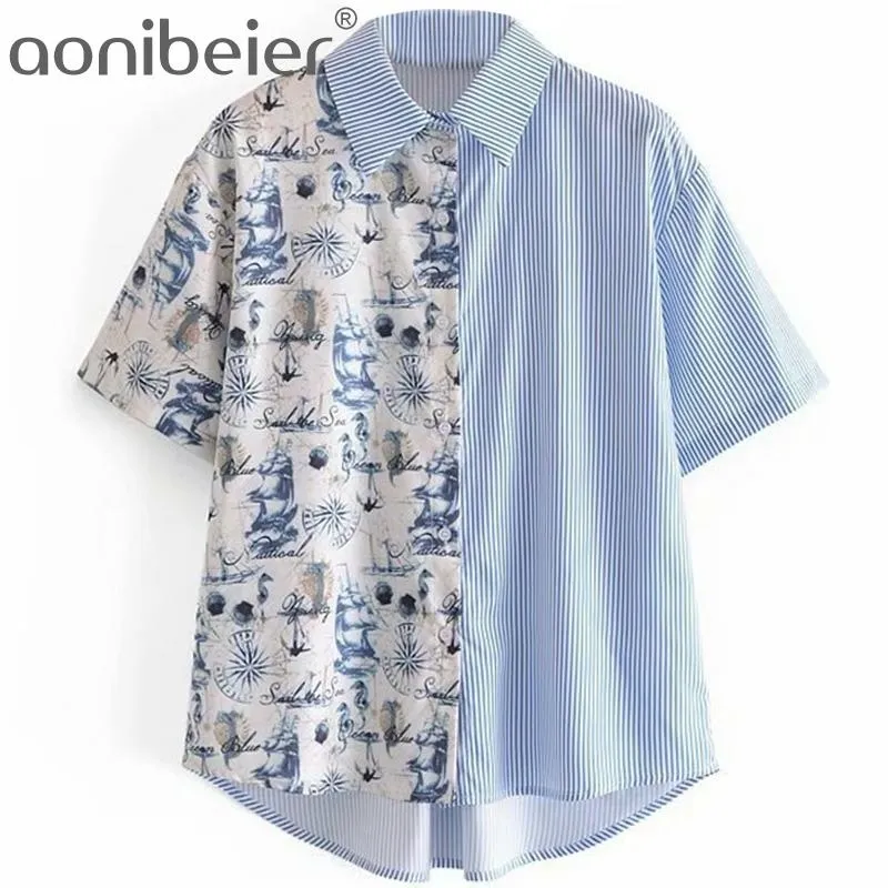 블루 스트라이프 패치 워크 여성 캐주얼 블라우스 여름 패션 짧은 소매 느슨한 셔츠 여성 하이 낮은 밑단 인쇄 탑 210604