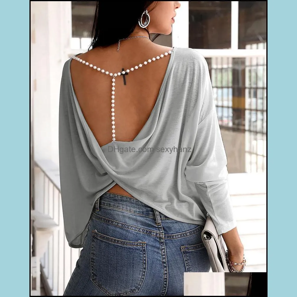Women`s T-Shirt 2021 Autumn Spring Women Fashion Elegant Sexy Long Sleeve Ladies Open Back Top Solid Beaded Strap Backless Twisted
