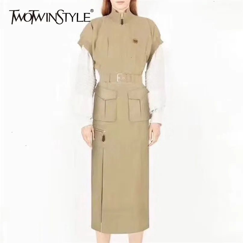 Dress For Women Stand Collar Short Sleeve Pocket High Waist Sashes Female Dresses Autumn Fashion Clothing 210520